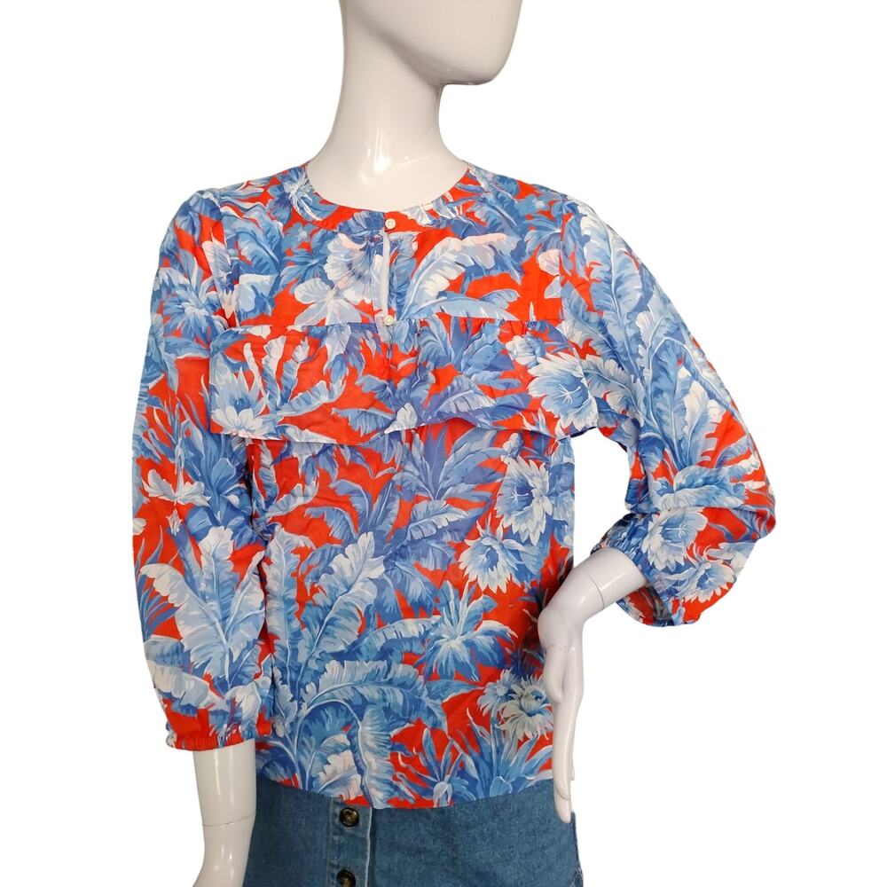 J. Crew 100% Cotton Blouse Size Small Blue and Red Tropical Print Long Sleeves